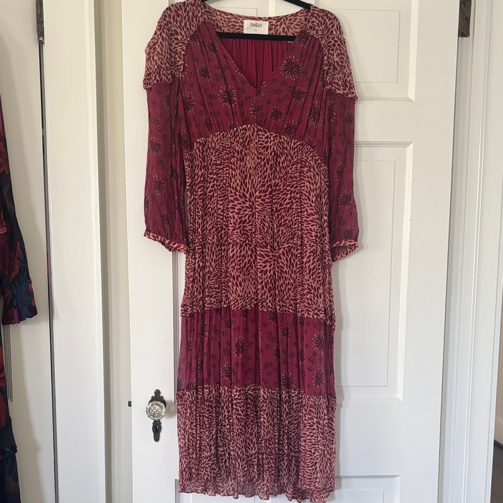 BA&sh  Red and Pink Patterned Midi Dress